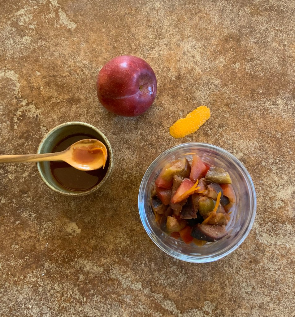 Plum fig compote and reserved cooking liquid for frozen parfaits..silver spoon has recipe written in it