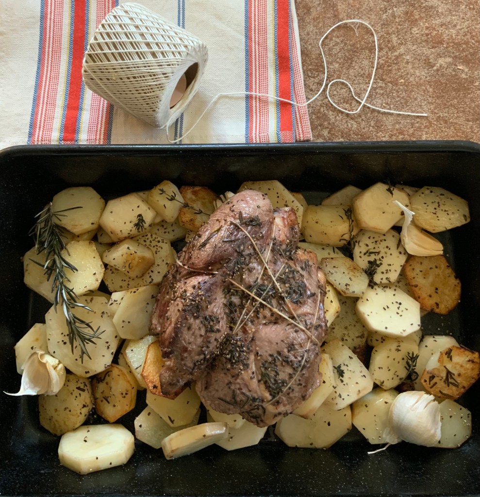 Gigot boulangere tied and ready to add sock and braise